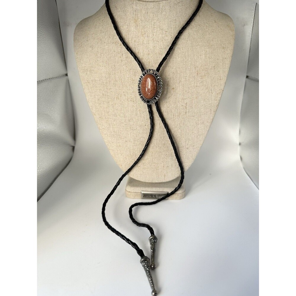 Vintage Silver Base&Natural Goldstone Mens Bolo Tie Western Wedding Necklace